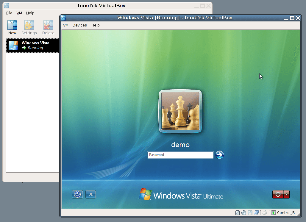 Login de de Vista en VirtualBox